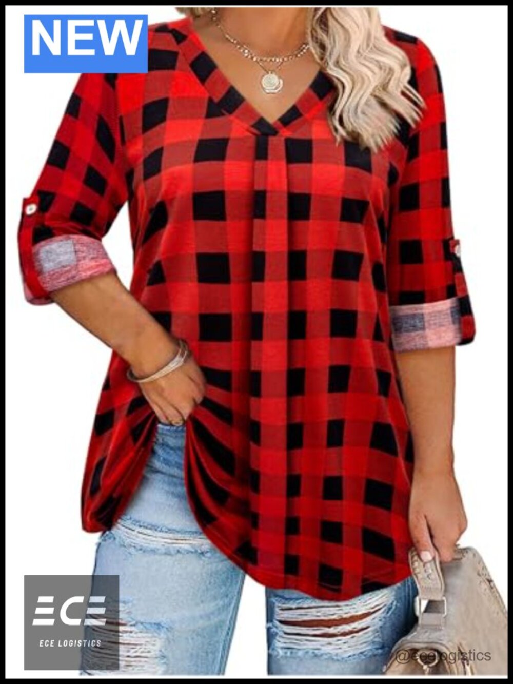 Plus Size V-Neck Ruched 3/4 Sleeve Tunic Blouse for Work